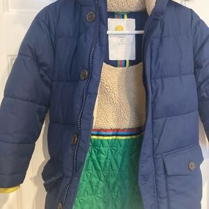 Boden Blue Puffer Jacket with Green Accents